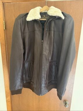 Buffalo Jackson Men's Brown Leather Bomber Jacket with Cream Sherpa Collar